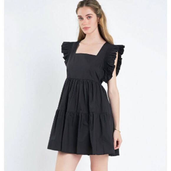 English Factory Ruffled Cotton Babydoll Mini Dress Size XS NEW Black Cottagecore - Picture 1 of 11
